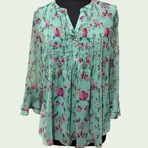 Charter Club Aqua Floral  3/4 sleeve Blouse size PL